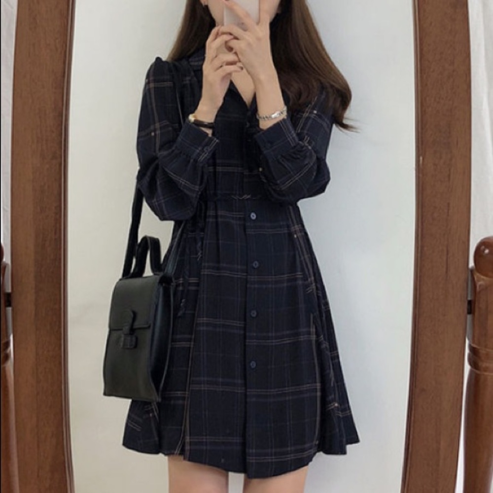 YesStyle Long sleeve plaid mini A-line dress